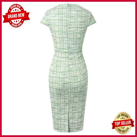 Tweed Pencil Dress Cap Sleeve Bodycon Work Elegant Retro Chic Stretchy - Picture 2 of 6